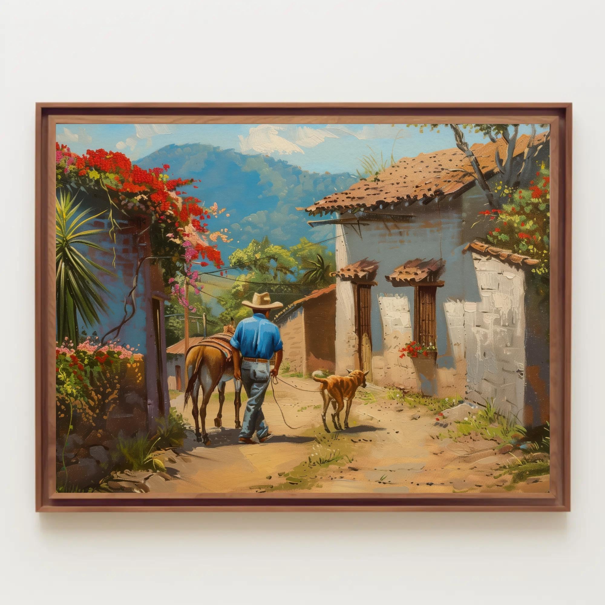 Framed Mexican Village Oil Painting | Man, Donkey, Dog Canvas Art