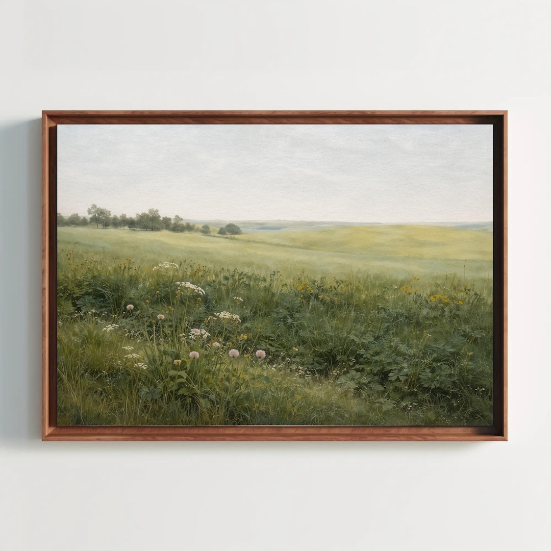 Wildflower Meadow Canvas Wall Art | Sage Green Vintage Landscape Print ...