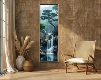 Zen Waterfall Long Vertical Canvas, Framed Nature Wall Art