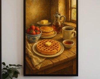 Cozy Breakfast Still Life Canvas Print | Rustic Kitchen Wall Art | Pancakes Waffles Coffee Decor