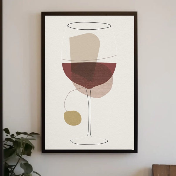 Wine Glass Minimalistic Framed Print, Canvas Wall Art, Home Bar Decor, Wine Glass Painting, Restaurant Minimalistic Decor, Ready To Hang