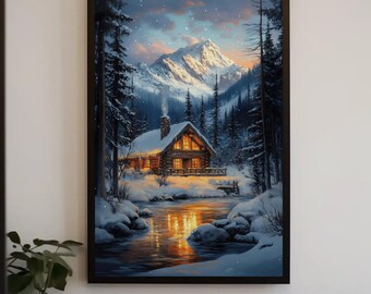 Tableau Déco Hiver Forêt Enneigée Avec Chalet Rouge - Impression Sur Toile (canvas), Neuf, Scène Cozy