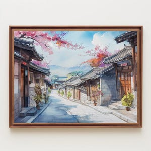 Korean Traditional Street Watercolor Painting Canvas Print, Framed Landscape Art, Beautiful Home Decor, Ready to Hang, Living Room Decor