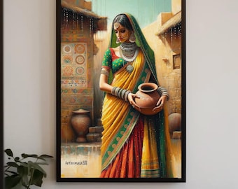 Indian Woman Portrait Canvas Painting, Desi Living Room Wall Art, Framed Print