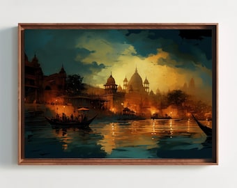 Varanasi India Nightscape Art | Large South Asian Canvas Print