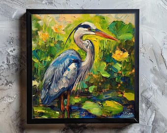 Blue Heron Pond Oil Painting Canvas Print - Framed Wildlife Wall Art