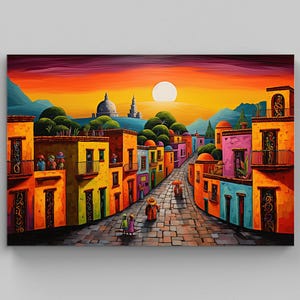 Mexican Oil Painting, Modern Mexican Wall Art Decor, Colorful Art Print, Mexican Landscape Art, Mexican Decor, Home Decor, Canvas Wall Art