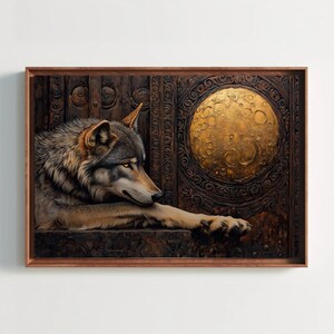Wolf and Gold Moon Canvas Print - Mystical Wildlife Wall Art - Lunar-Inspired Animal Painting - Rustic Nature Decor for Home or Cabin