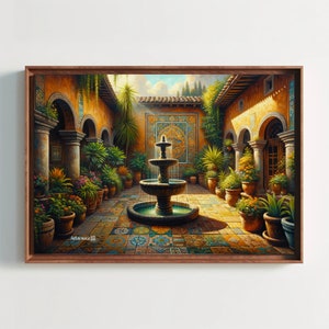 Mexican Courtyard Canvas Print - Traditional Mexican Art for Living Room or Gift - Framed Poster Mexico - Garden Painting