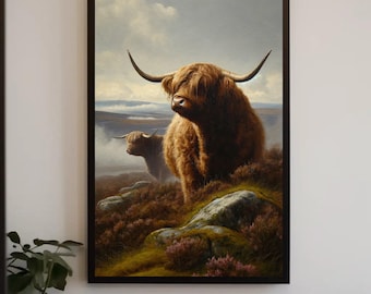 Highland Cow Canvas Print – Rustic Scottish Farmhouse Wall Art