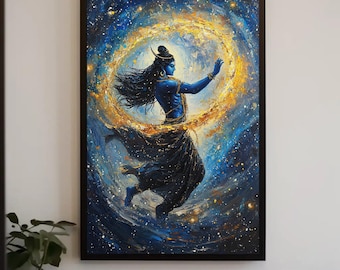 踊るシヴァのキャンバスプリント、宇宙のナタラージャのファインアート、ヒンドゥー教の神の絵画、スピリチュアルな銀河の装飾