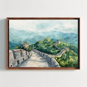 Great Wall of China Watercolor Print, China Large Canvas Print, Chinese Wall Decor, China Art, Framed Poster Ready To Hang