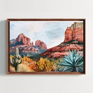 Sedona Desert Landscape Print, Panoramic Canvas Print, Landscape Wall Art, Framed Poster Arizona Wall Art, Agave Cactus, Ready To Hang