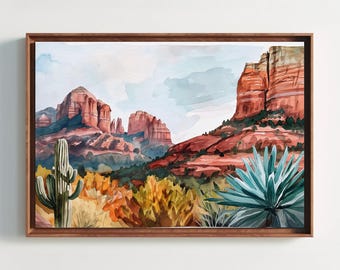 Sedona Desert Landscape Print, Panoramic Canvas Print, Landscape Wall Art, Framed Poster Arizona Wall Art, Agave Cactus, Ready To Hang