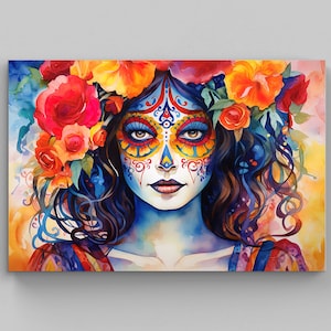 Mexican La Calavera Catrina Painting, Mexican Sugar Skull, Mexican Folk Art, Traditional Mexican Folk Art, Mexican Wall Decor Canvas