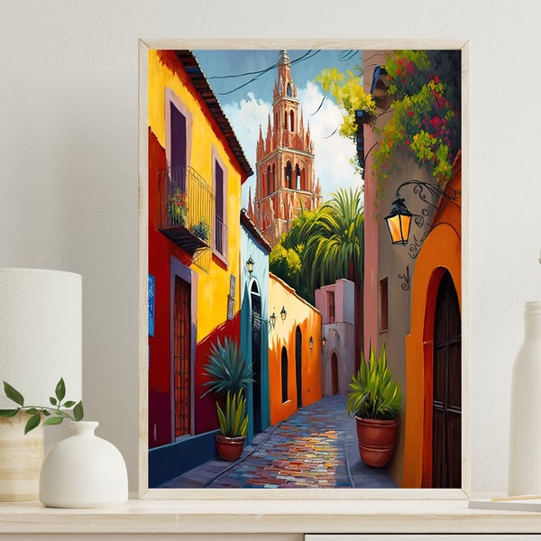 Calle de la Iglesia en San Miguel de Allende / Guanajuato / México - Pintura al Óleo - Arte Mexicano - Ideal para Decoración del Hogar y Regalos