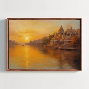 Golden Hour on the Ghats Canvas Print | Indian River Landscape Art | Varanasi Wall Decor | Cultural Indian Artwork | Ready to Hang
