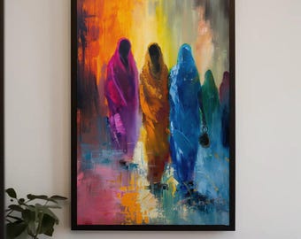 Indian Woman Abstract Canvas Print, Colorful South Asian Art, Framed