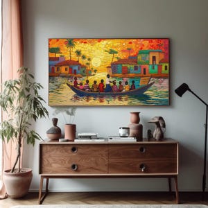 a living room with a painting on the wall