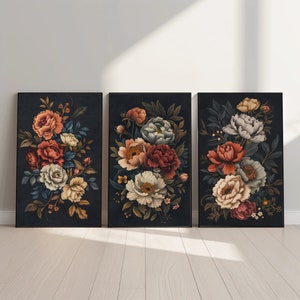 Set of Three Vintage Dark Flora Painting Retro Art - Antique Botanical Wall Decor - Framed Floral Artwork for Home and Office, Ready to Hang