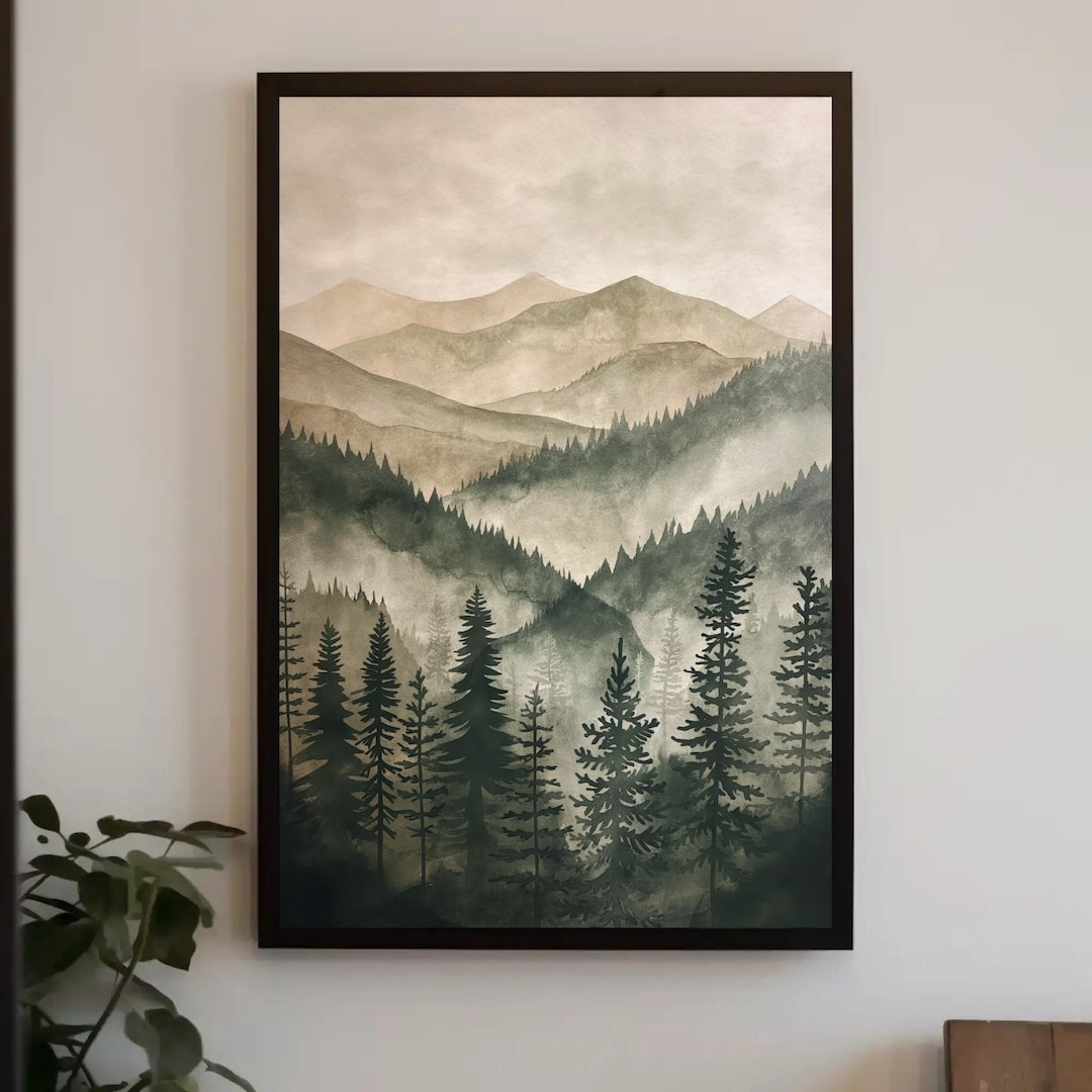 Green Mountain Pine Tree Watercolor Print, Framed Canvas Wall Art - Etsy