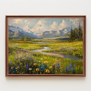 Vintage Meadow Landscape Canvas Print, Mountain River Art