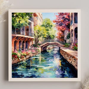 Impresión artística del paseo fluvial de San Antonio, póster de viaje a Texas
