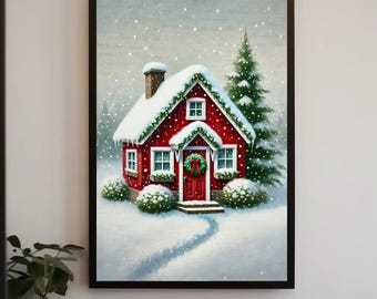 Red Cottage Christmas Canvas Print, Cozy Winter Cabin Wall Art, Ready to Hang