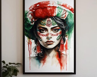 Mexican Girl Portrait Canvas Print, Mexican Flag Colors