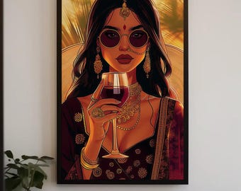 Indian Woman Wine Art, Desi Framed Canvas Print