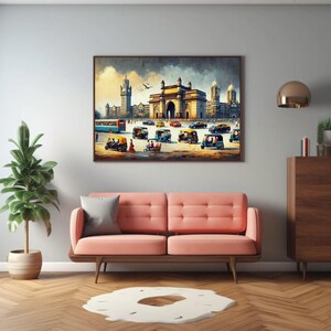 a living room with a couch and a painting on the wall