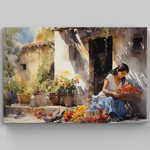 Mexican Woman with Flowers Watercolor Painting, Mexican Wall Art Decor, Mexican Decor, Home Decor, Large Canvas Mexican Wall Art