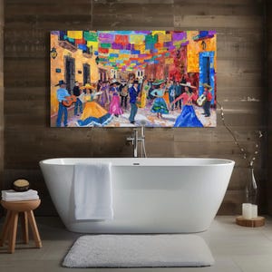 a bathroom with a bathtub and a painting on the wall