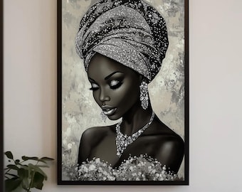 Diamond Black Girl Portrait, Luxury African American Canvas Art, Ready to Hang