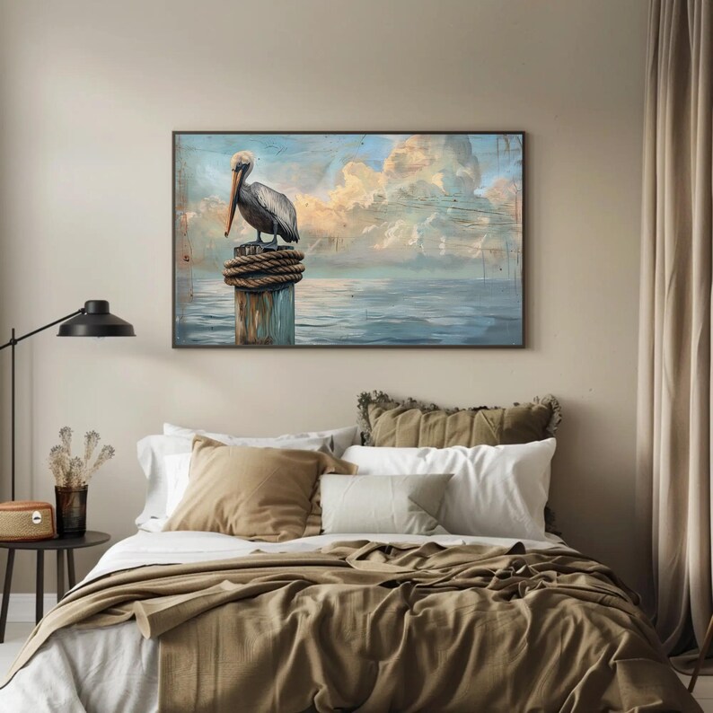 a painting of a pelican sitting on a post in a bedroom