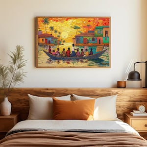 a bed with a painting on the wall above it
