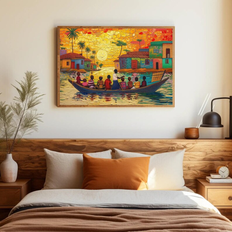 a bed with a painting on the wall above it