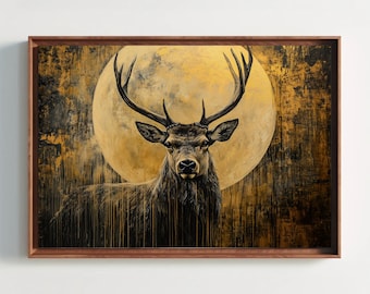 Golden Stag Moon Canvas Print – Majestic Deer Wildlife Art