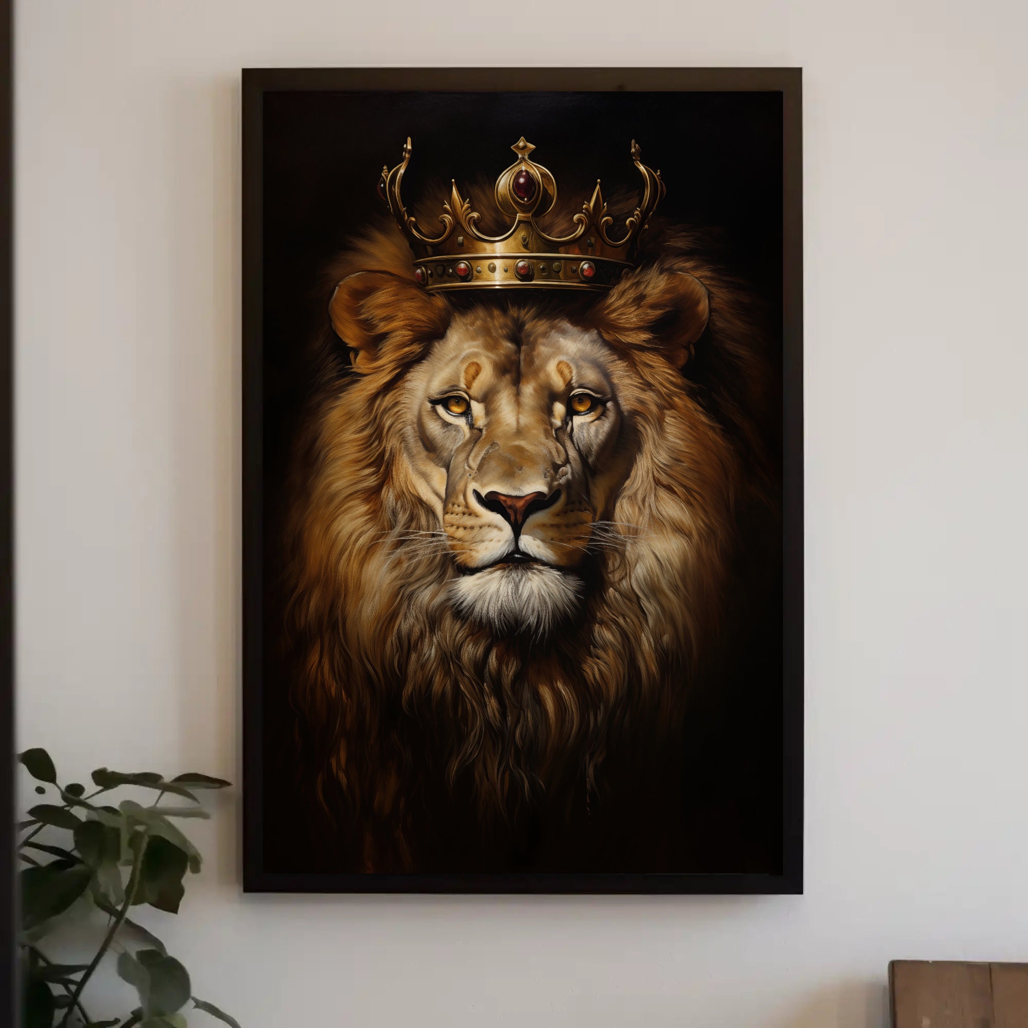 Lion King with a Golden Crown Canvas Print | Man Cave Wall Decor | Wildlife Art | Framed Canvas | Gold and Black Background | Gift for Him