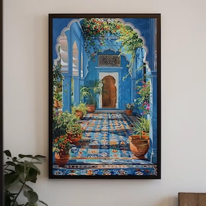 Blue Indian Palace Aangan Painting, Framed Canvas Wall Art