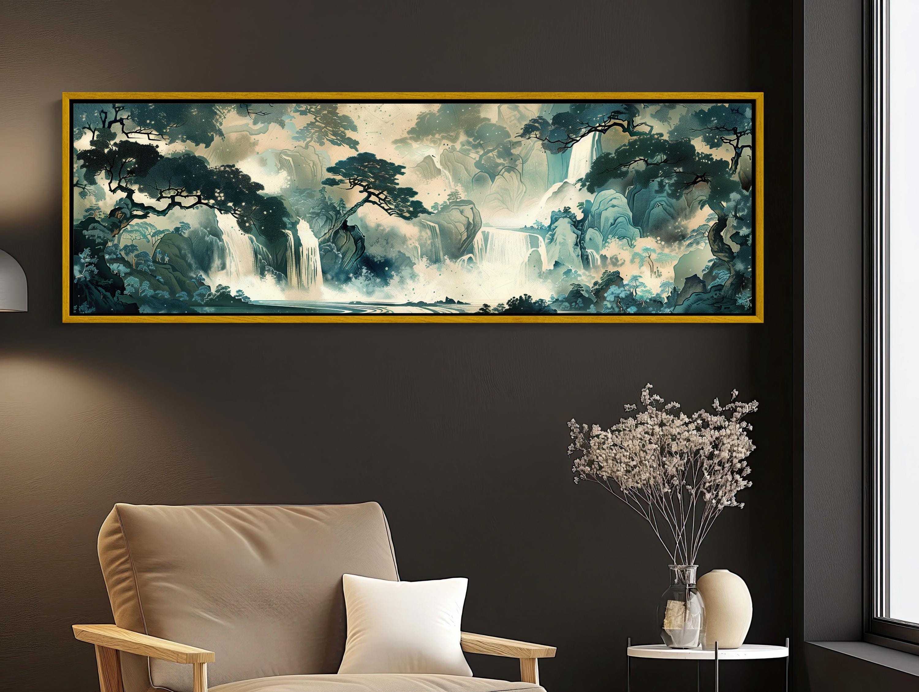 Japanese Waterfall Fantasy Panoramic Art Print – Long Horizontal Extra Large Canvas Wall Art For Zen Room, Spa Or Dreamy Nature Decor