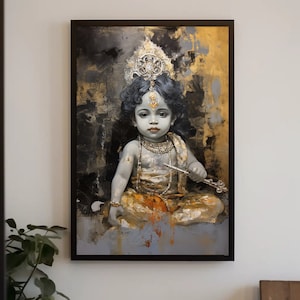Cute Baby Krishna Painting | Krishna Wall art | Canvas Krishna art | Hindu God Indian Home Decor | Indian God Art