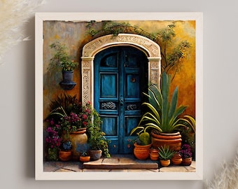 May include: A square framed wall art print depicting a vibrant blue arched double door set into a textured golden-yellow wall. The entrance is framed by ornate stone carvings and surrounded by various potted plants, including agave and purple flowers.