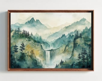 Misty Mountain Canvas Print, Asian Watercolor Landscape Wall Art