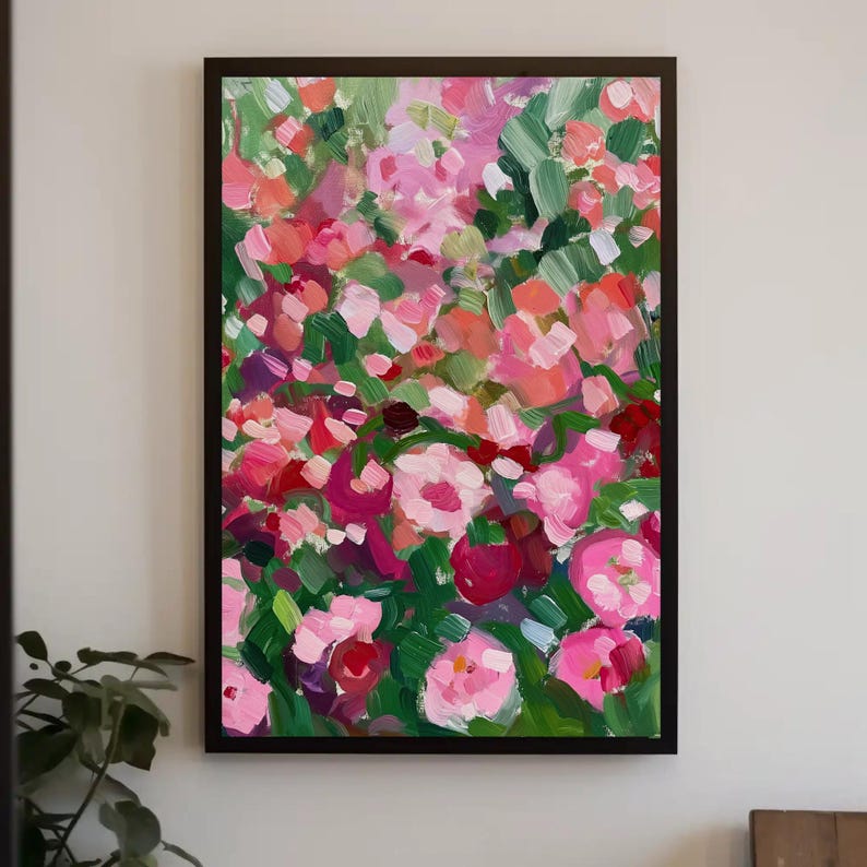Pink Floral Canvas Art – Modern Botanic Wall Decor, Ready to Hang image 1