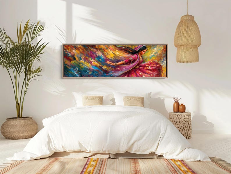 a bedroom with a large painting hanging above the bed