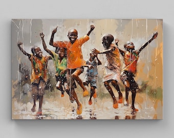 African Children Playing in Rain Canvas Art - Black Art Home Decor