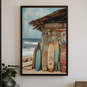 Surfboard Beach House Canvas Print, Nautical Wall Art, Surf Art Decor, Cottage Wall Art, Surf Beach Wall Art, Framed Ready To Hang