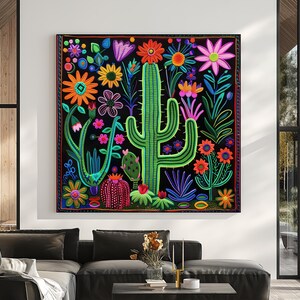 Huichol Cactus Flower Canvas Art | Mexican Yarn Painting Print image 3