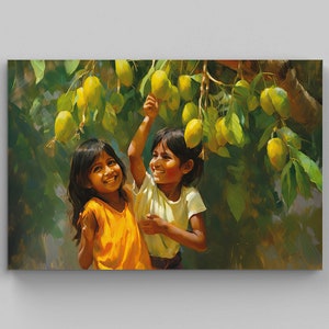 Happy Children under a Mango Tree, Mango Art Print, Indian Artwork, Mexican Decor, Home Decor, Asian Art Print, Childhood Memory Gift